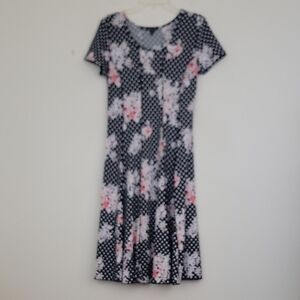 Sami & Jo Black w/ Polka Dots & Pink & White Floral Flowers Short Sleeve Dress S
